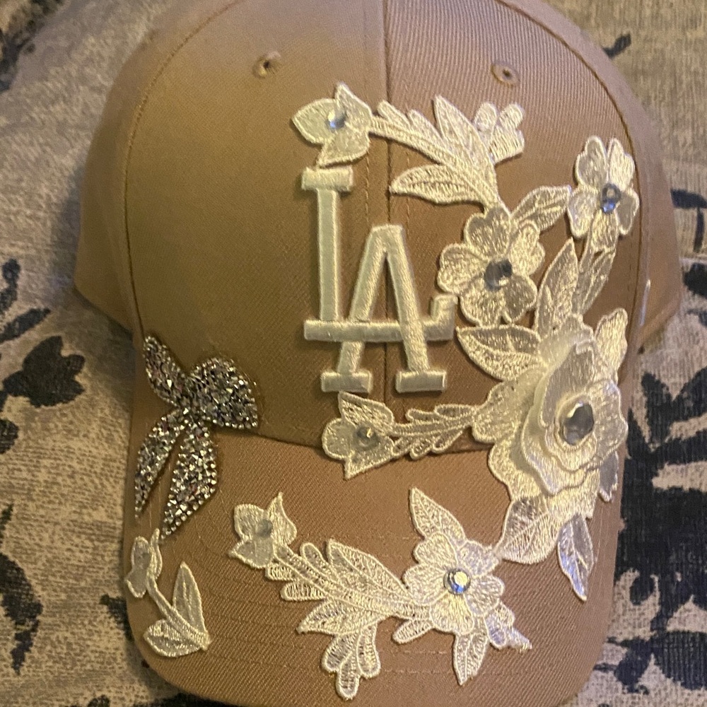 Embellished Tan LA Dodgers Cap with Floral Design